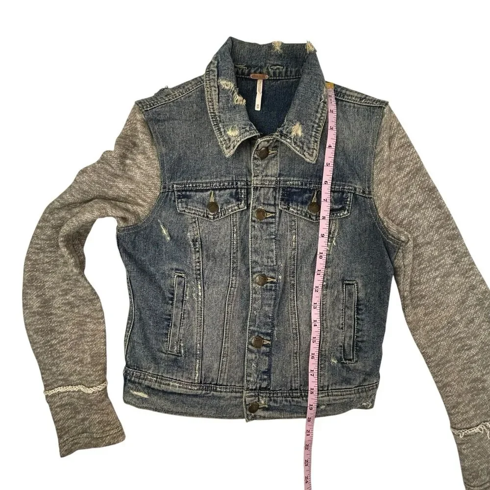 Free People Distressed Knit Denim Jean Jacket Women XS Blue Grey NO HOOD - Picture 11 of 12